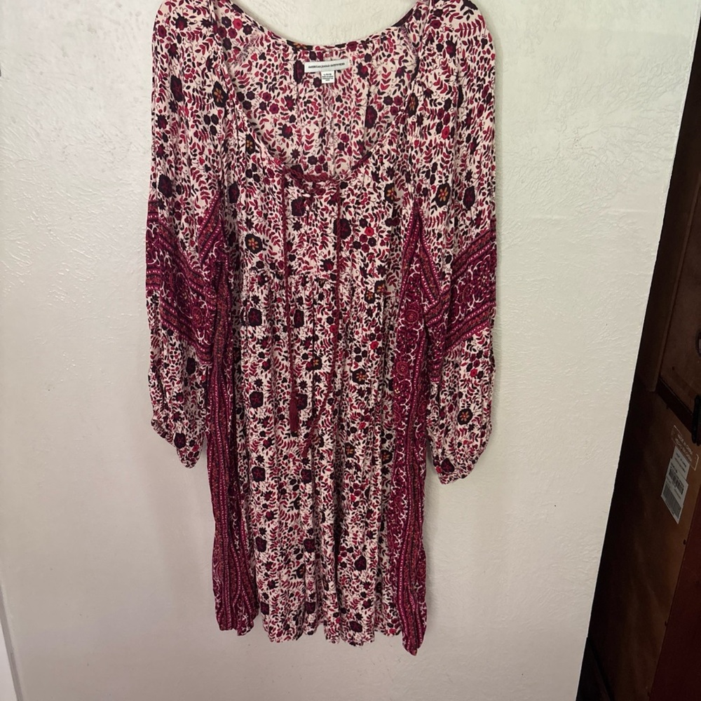 American Eagle Outfitters Pink and Burgundy Floral Long Sleeve Dress Large